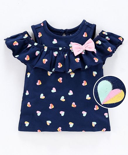 Babyoye Cold Shoulder Printed Top Bow Applique - Navy Blue