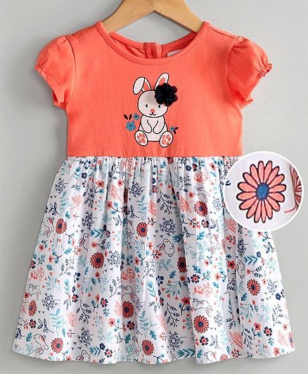 Babyoye Cotton Cap Sleeves Frock Floral Print - White Peach