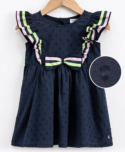 Babyoye Flutter Sleeves Cotton Frock Bow Applique - Navy