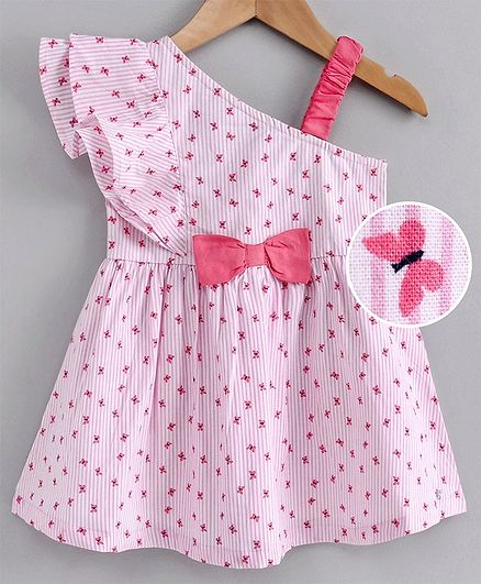 Babyoye One Shoulder Frock Butterfly Print - Pink