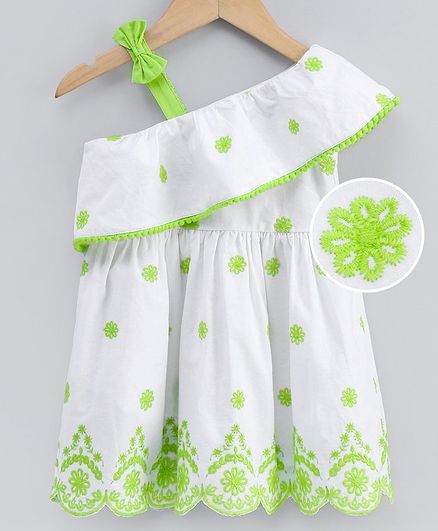 Babyoye Cotton One Shoulder Frock Floral Embroidered - Green White