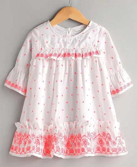 Babyoye Bell Sleeves Cotton Frock Floral Embroidery - White Pink