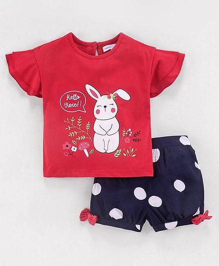 Babyoye Cap Sleeves Top & Polka Dot Shorts Bunny Print - Red Navy Blue