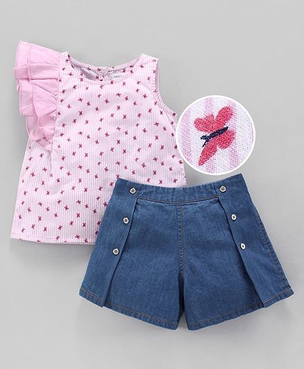 Babyoye Striped Top & Denim Shorts Butterfly Print - Pink & Blue