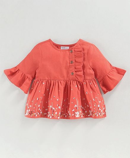 Babyoye Cotton 3/4th Sleeves Ruffled Top Bunny Print - Red