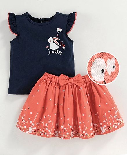 Babyoye Cap Sleeves Cotton Lycra Top & Skirt Bunny Print - Navy Peach