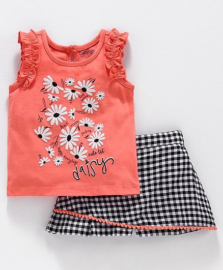 Babyoye Short Flutter Sleeves Cotton Lycra Top & Shorts Floral Print - Peach Black