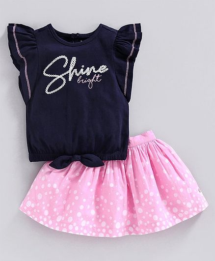Babyoye Short Flutter Sleeves Cotton Lycra Top & Polka Dotted Skirt - Navy Blue Pink