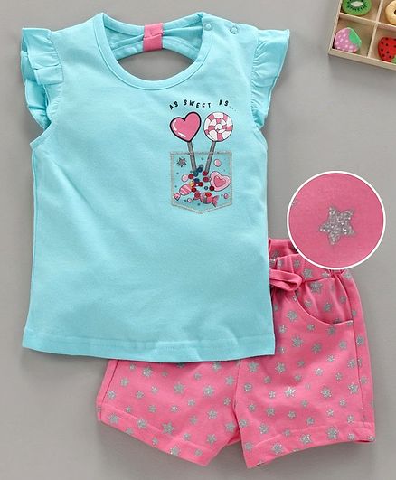 Babyhug Flutter Sleeves Top & Shorts Candy Print - Blue Pink