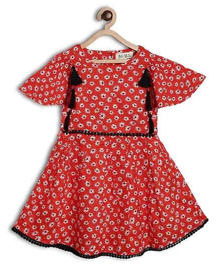 Bella Moda Flower Print Cap Sleeves Dress - Red