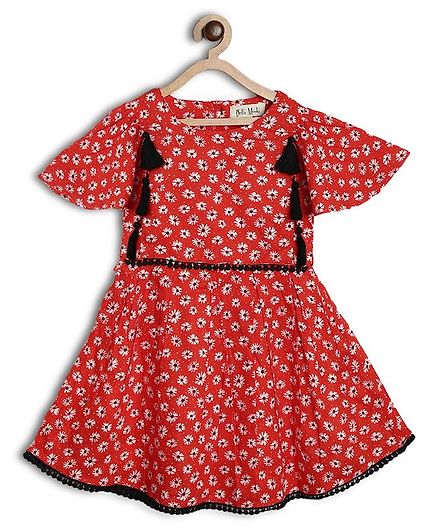 Bella Moda Flower Print Cap Sleeves Dress - Red