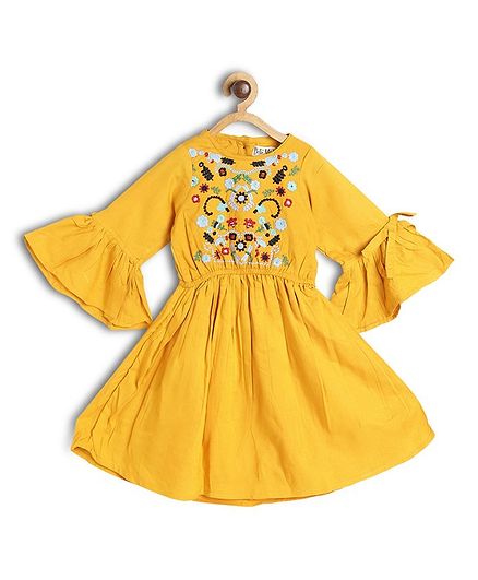Bella Moda Ruffled Three Fourth Sleeves Flower Embroidered Flared Dress - Yellow
