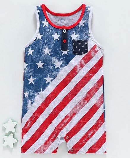 First Smile Sleeveless Stripes & Stars Printed Romper - Grey Red Blue