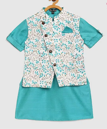 Silverthread Half Sleeves Kurta With Floral Print Jacket - Blue