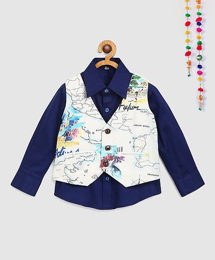 Silverthread Full Sleeves Shirt With Map Print Waist Coat - Blue