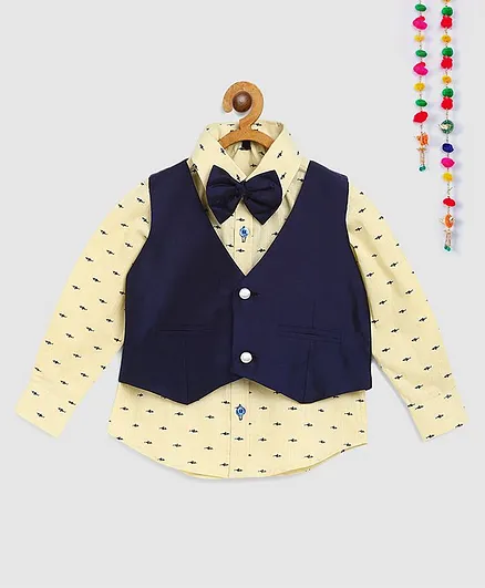 Silverthread Printed Full Sleeves Shirt With Waist Coat & Bow - Yellow
