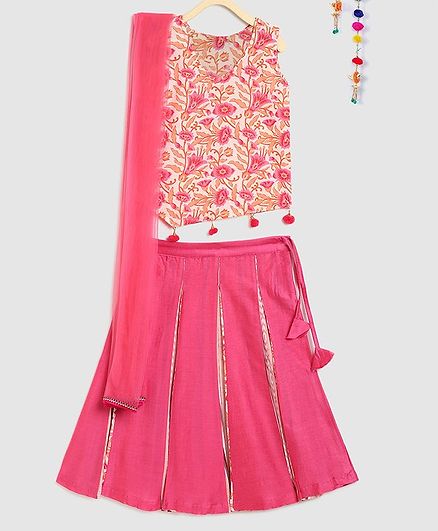 Silverthread Floral Print Sleeveless Choli With Lehenga & Net Dupatta - Pink