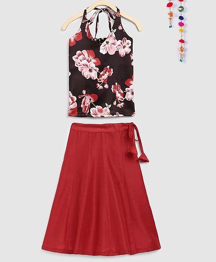Silverthread Flower Printed Sleeveless Choli With Lehenga - Black & Maroon