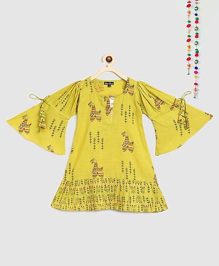 Silverthread Ruffle Full Sleeves Block Print Dress - Green
