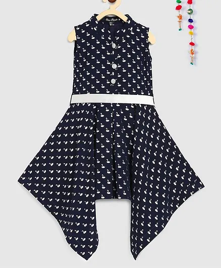 Silverthread All Over Swan Printed Sleeveless High Low Dress - Navy Blue