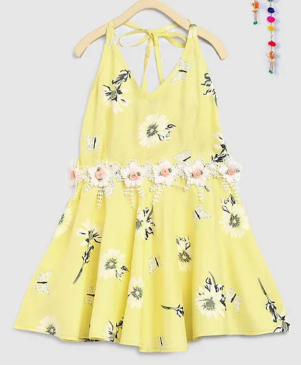 Silverthread Flower Printed Sleeveless Halter Neck Dress - Yellow
