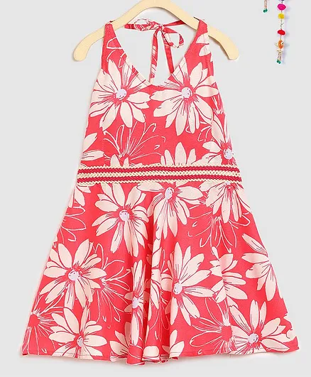 Silverthread Flower Printed Sleeveless Halter Neck Dress - Red