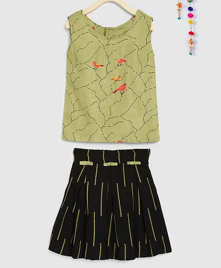 Silverthread Bird Printed Sleeveless Top With Box Pleated Skirt - Green