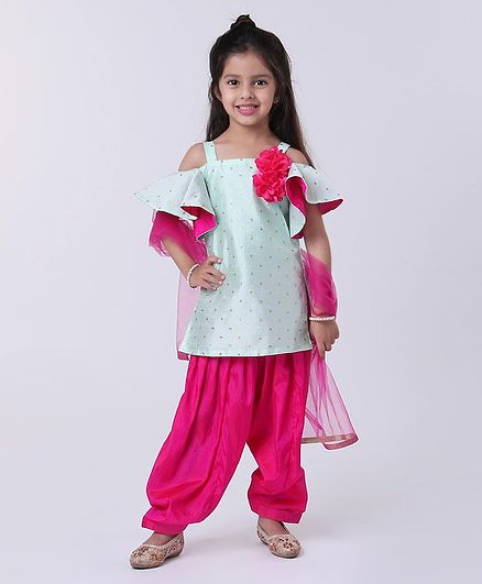 Saka Designs Cold Shoulder Kurti and Salwar with Dupatta Flower Applique - Blue Pink