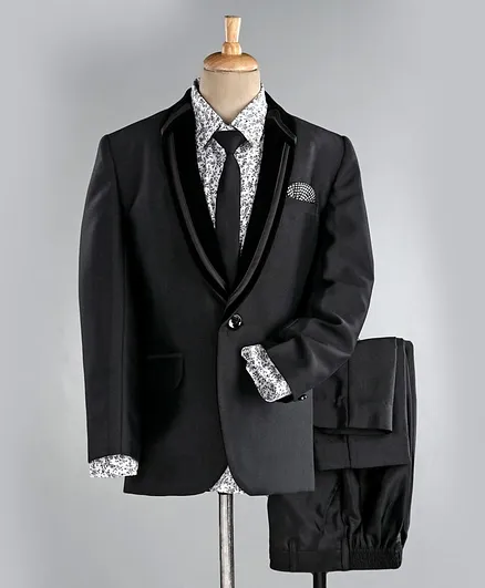 Robo Fry Printed Full Sleeves 4 Piece Party Wear Suit with Tie - Black