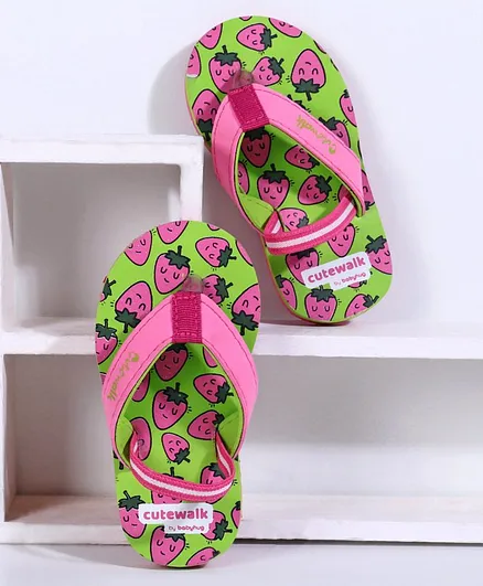 Cute Walk by Babyhug Flip Flops Strawberry Print - Green Pink