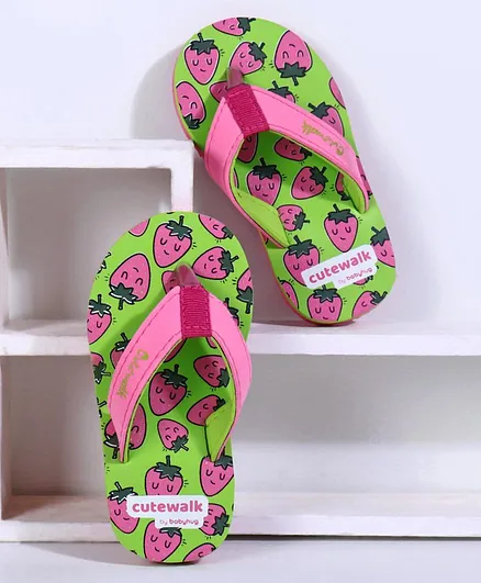 Cute Walk by Babyhug Flip Flops Strawberry Print - Green Pink