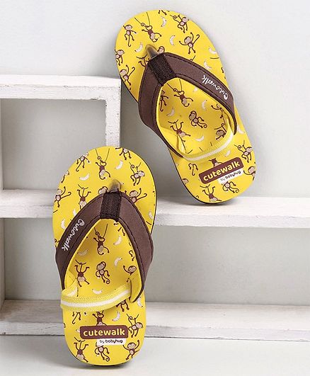 Cute Walk by Babyhug Flip Flops with Back Strap Monkey Print - Yellow