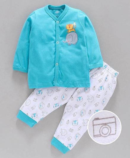 Zero Full Sleeves Night Suit Elephant Print - Turquoise Blue