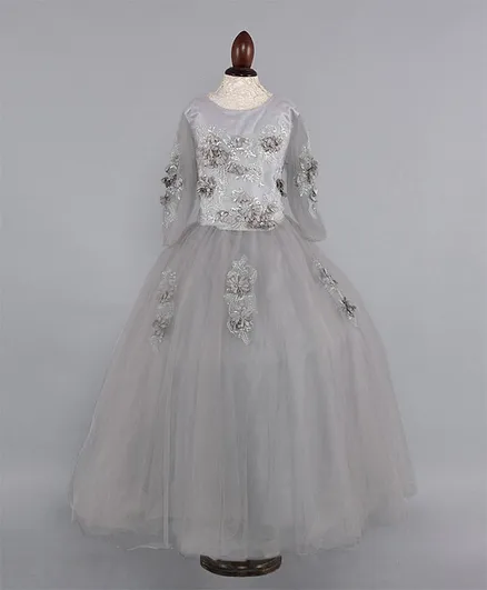 WhiteHenz Clothing Flower Embellished Full Sleeves Gown - Grey
