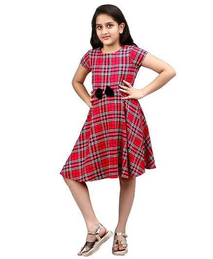 KIDSDEW Checked Short Sleeves Flared Dress - Red