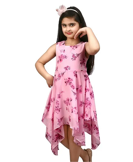 KIDSDEW All Over Flower Printed Sleeveless High Low Dress - Pink