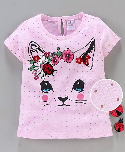 Smarty Half Sleeves Top Kitty Print - Pink