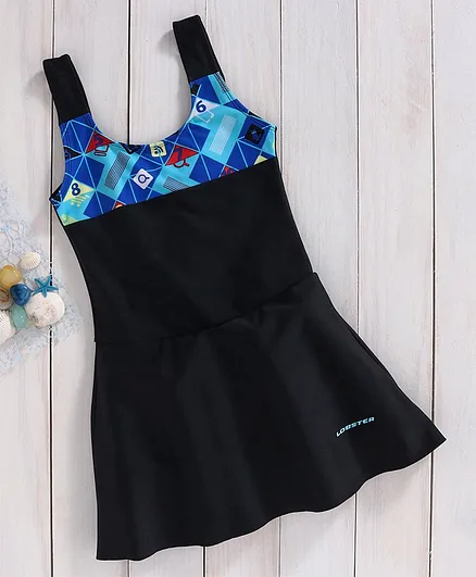 Lobster Sleeveless Frock Style Swimsuit Numeric Print - Blue Black