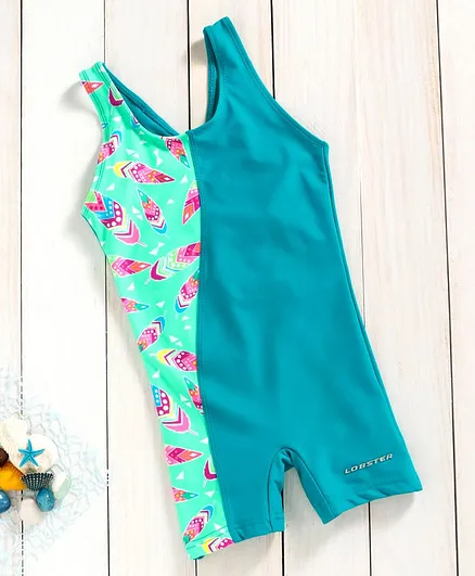 Lobster Sleeveless Legged Swimsuit Feather Print - Sea Green