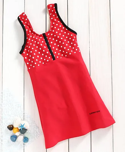 Lobster Sleeveless Polka Dotted Frock Style Swim Suit - Red