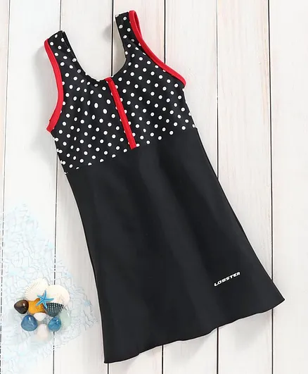 Lobster Sleeveless Polka Dotted Frock Style Swim Suit - Black