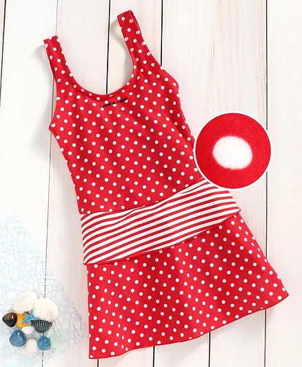 Lobster Sleeveless Polka Dotted Frock Style Swim Suit - Red