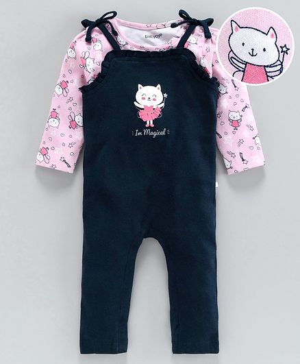 Babyoye Dungaree with Full Sleeves Inner Tee Kitty Print - Pink Navy Blue