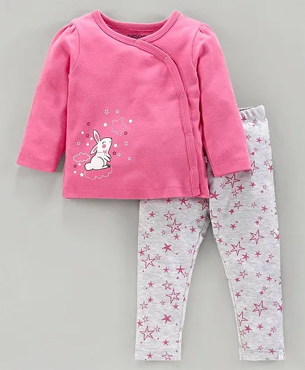 Babyoye Full Sleeves Cotton Top & Legging Bunny Print - Pink Grey