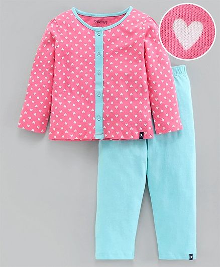 Babyoye Full Sleeves Cotton Night Suit Heart Print - Pink Blue