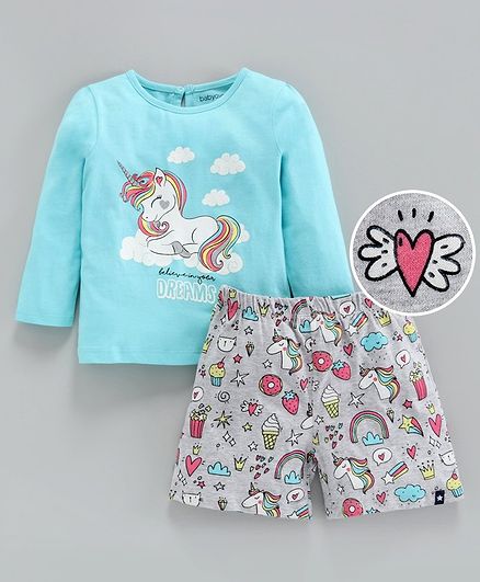 Babyoye Cotton Full Sleeves Night Suit Unicorn Print - Blue Grey