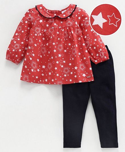 Babyoye Cotton Full Sleeves Top & Legging Star Print - Red Navy
