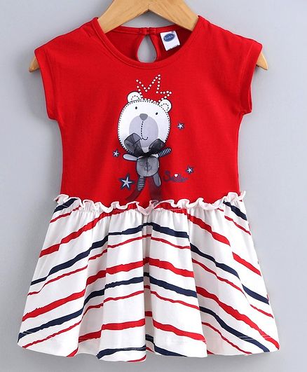 Teddy Short Sleeves Frock Teddy Print - Red
