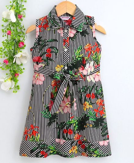 Rassha Floral Print Striped Sleeveless Dress - Green
