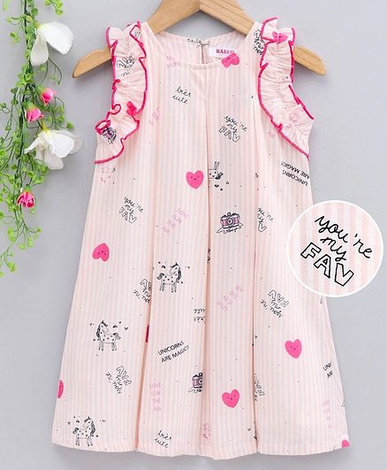 Rassha Sleeveless Unicorn & Heart Printed Dress - Peach